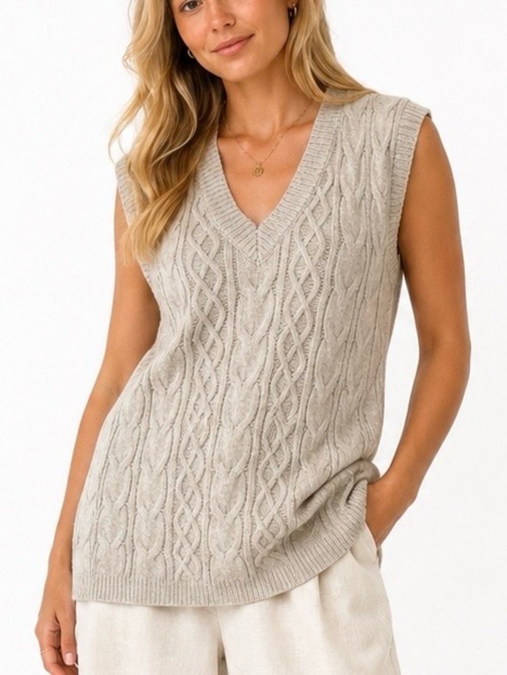 Sincerely Jules Cable Knit Sweater Vest Tunic Size M Beige Oatmeal Preppy